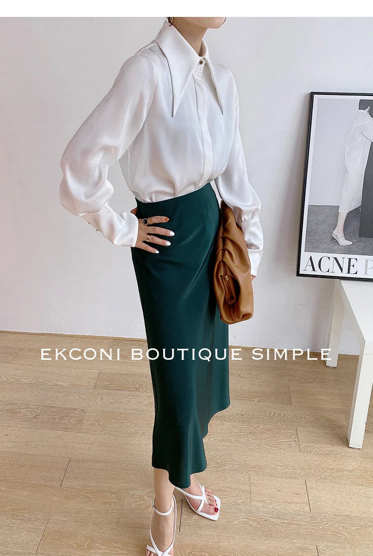 Elegant Turn Down Collar Satin Silk Blouse Vintage Button Closure White Lantern Sleeve Office Lady Shirt Chic Feminine Top