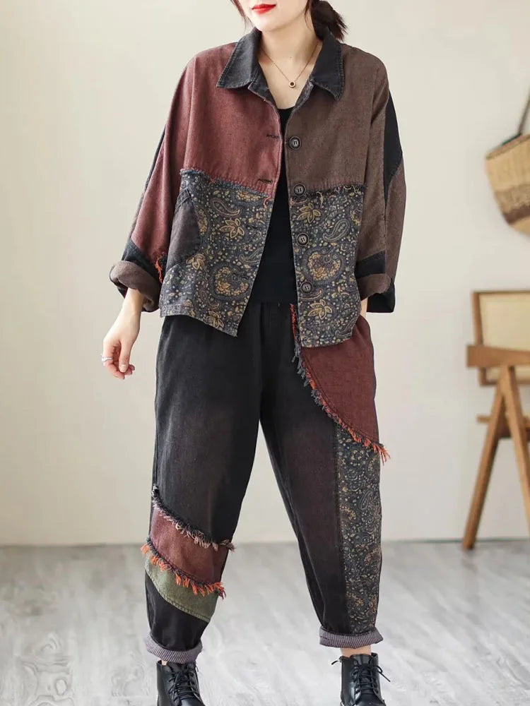 Womens Vintage Denim Two Piece Set with Printed Jacket and Casual Jeans