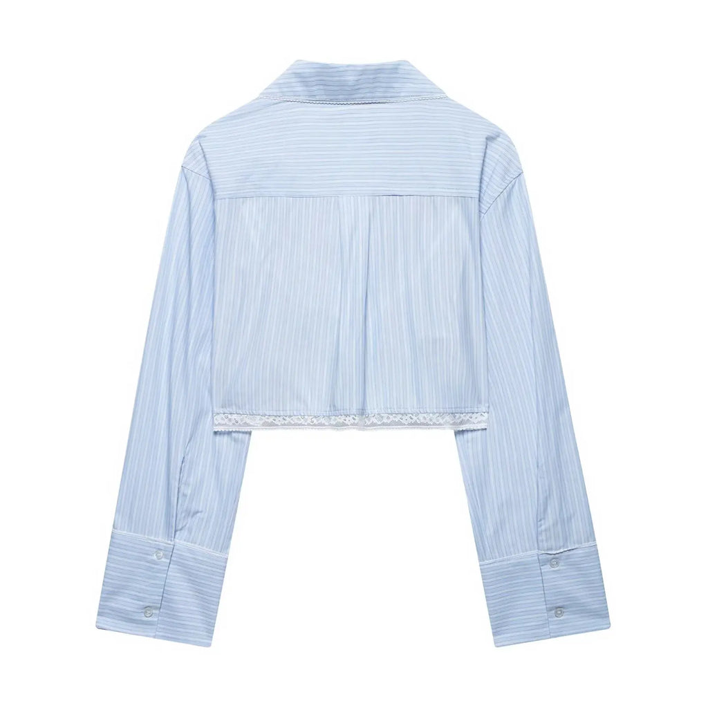 Women's Chic Two-Piece Blue Striped Long Sleeve Shirt and Front Zipper Mini Skirt Set