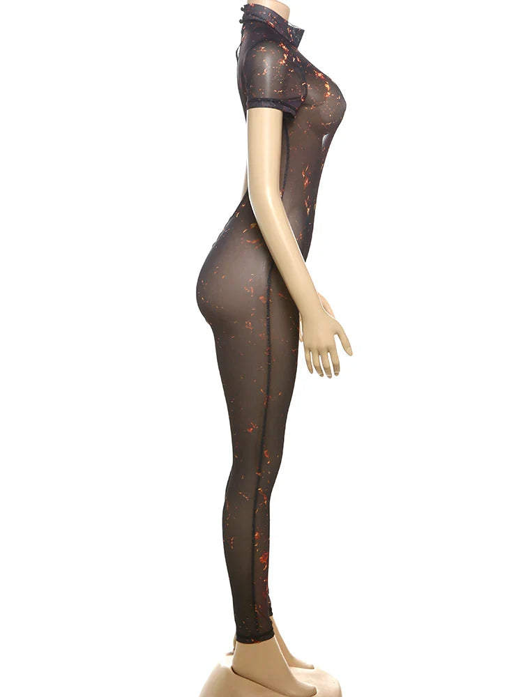 Colorful Mesh Print Jumpsuit for Women Sheer Backless Summer Clubwear Peach Buttocks Contour Tight Fit Overalls