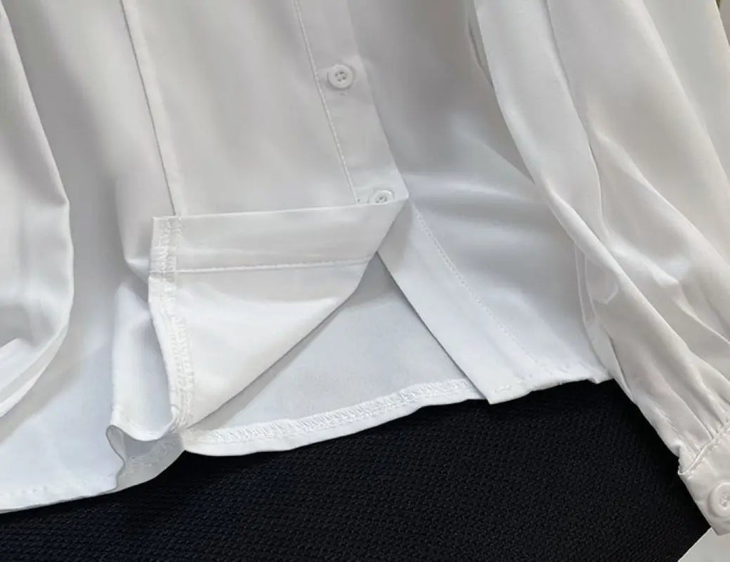 Women's White Chiffon Long Sleeve Blouse Elegant Korean Style Office Shirt Lightweight Temperament Workwear Top