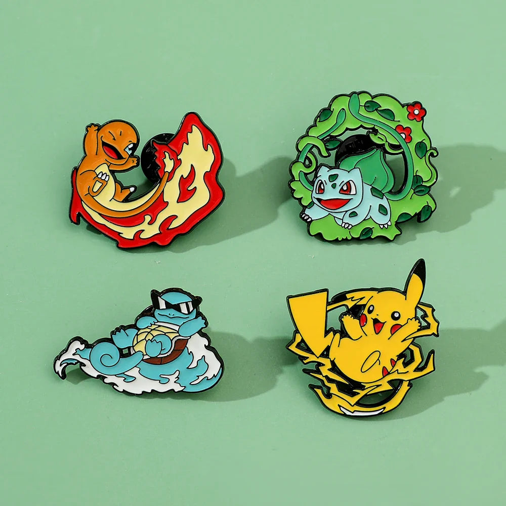 Cute Cartoon Pocket Monsters Enamel Brooch Set for Bags - 4 Pcs Creative Animated Character Accessories