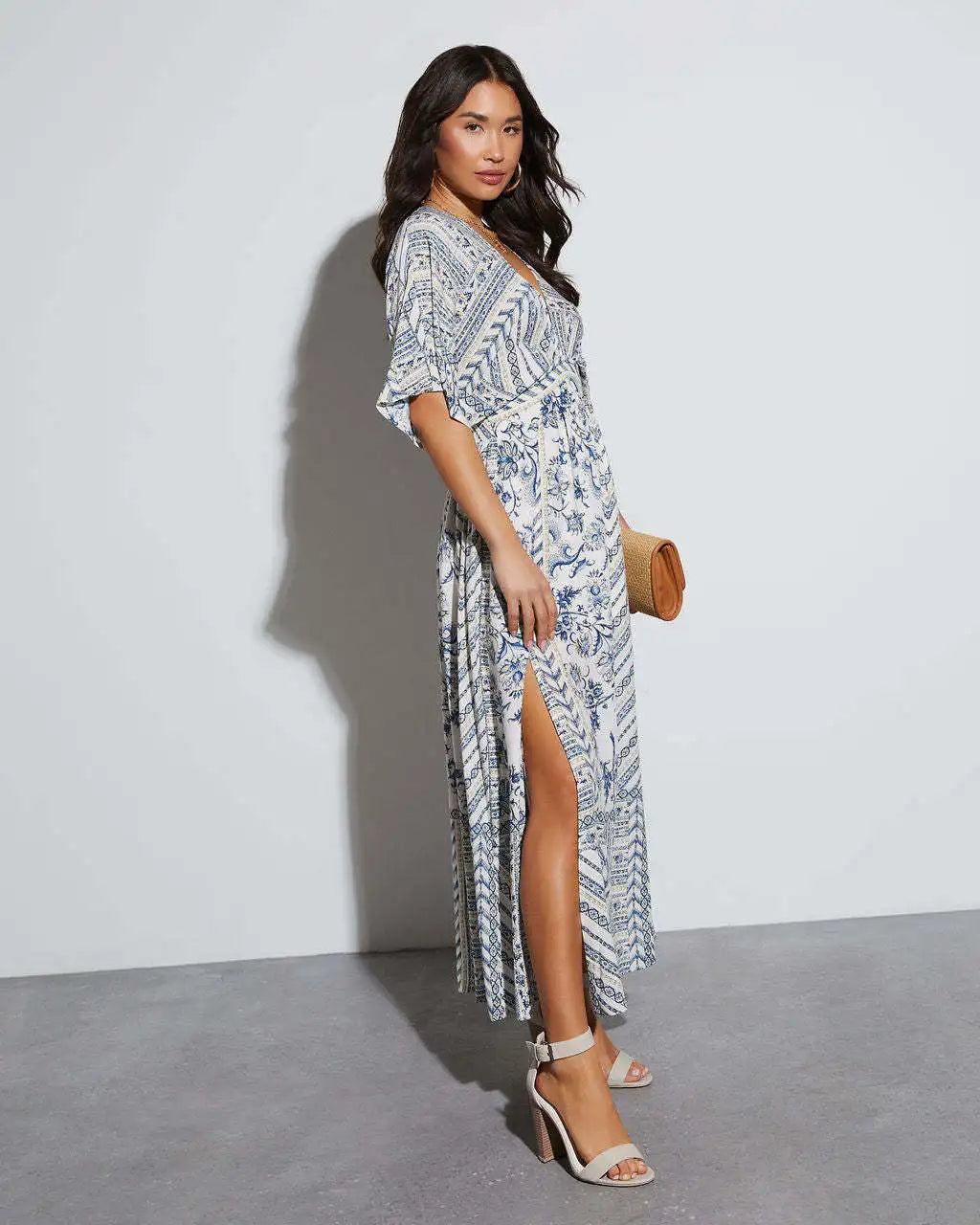 Bohemian Maxi Dress Printed V Neck Beach Vacation Style