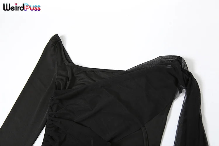 Sexy Hollow Mesh Jumpsuit for Women with Cross Bandage Ribbon, Single Shoulder Design, Full Sleeve Stretch Fit, Midnight Clubwear Overalls