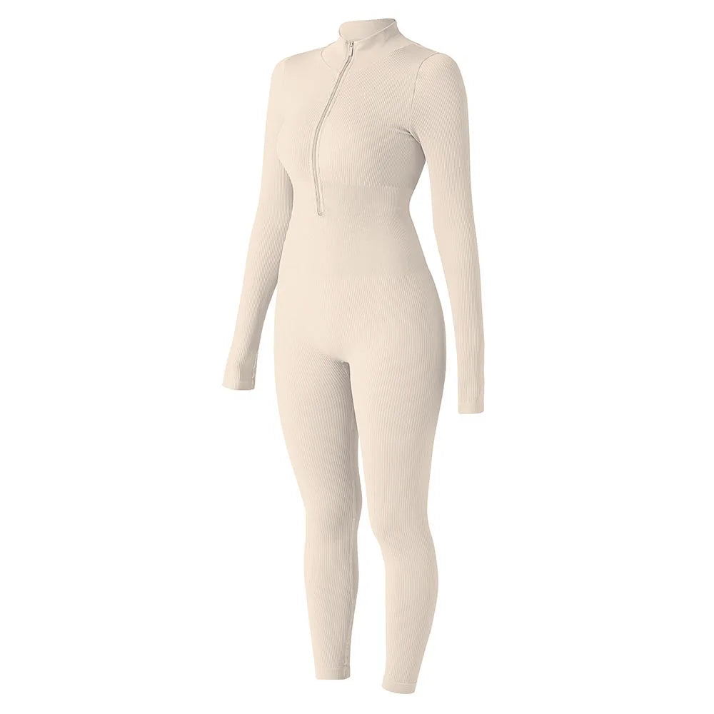 Bodycon Slim Fit Zipper Jumpsuit for Women Casual Brown Fitness Romper Streetwear Playsuit Overall