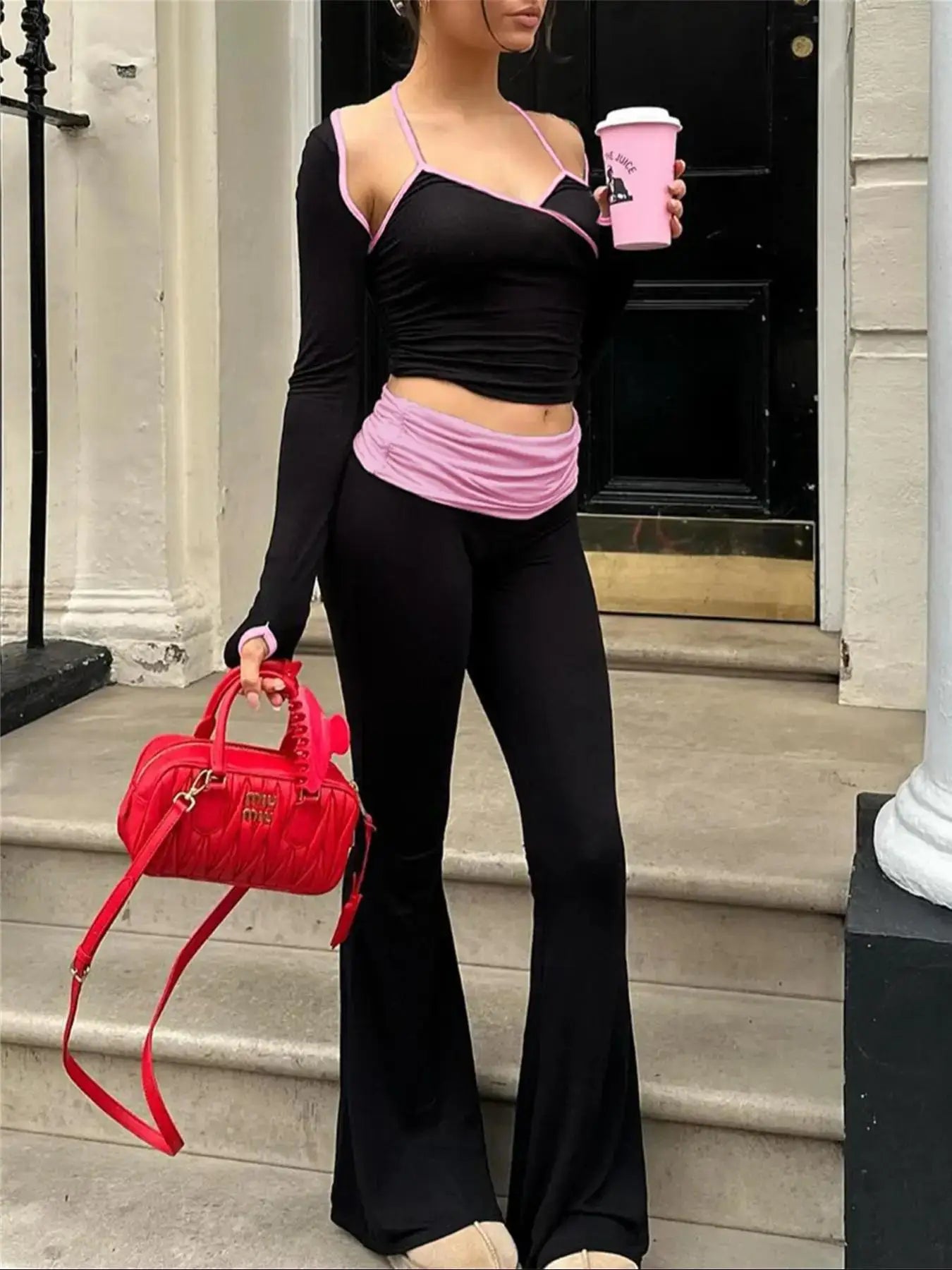 Cuteandpsycho Contrast-Color Patchwork Two-Piece Set Featuring Y2K Halter Neck Crop Top and Matching Trousers for Women Stylish Korean Inspired Outfit