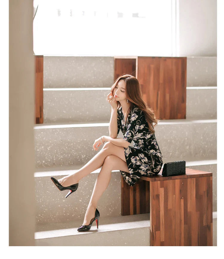 V-Neck Pencil Dress for Women Vintage Print Office Wear