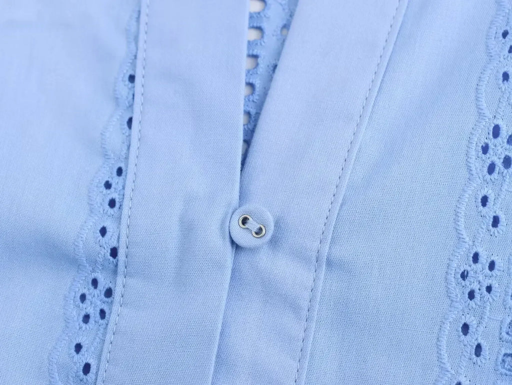 Loose Lace-Up White Shirt for Women Elegant Hollow Out Embroidered Puff Sleeve Cropped Top