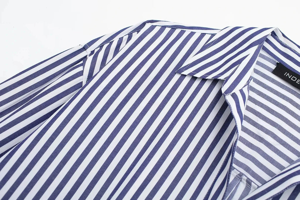 Women's Casual Striped Single Breasted Long Sleeve Lapel Blouse Elegant Solid Color Office Shirt Chic Top