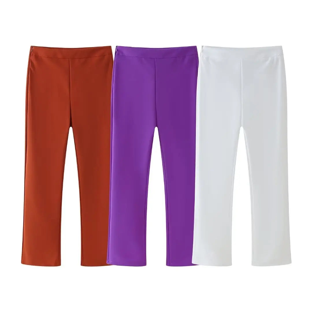 Women's Summer 2-Piece Set Solid Color Puff Sleeve Shirt and Zipper Mid-Rise Street Pants