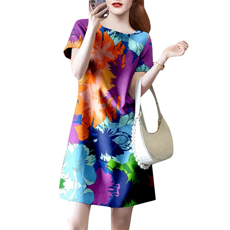 Floral Print Knee Length Summer Dress With Short Sleeve