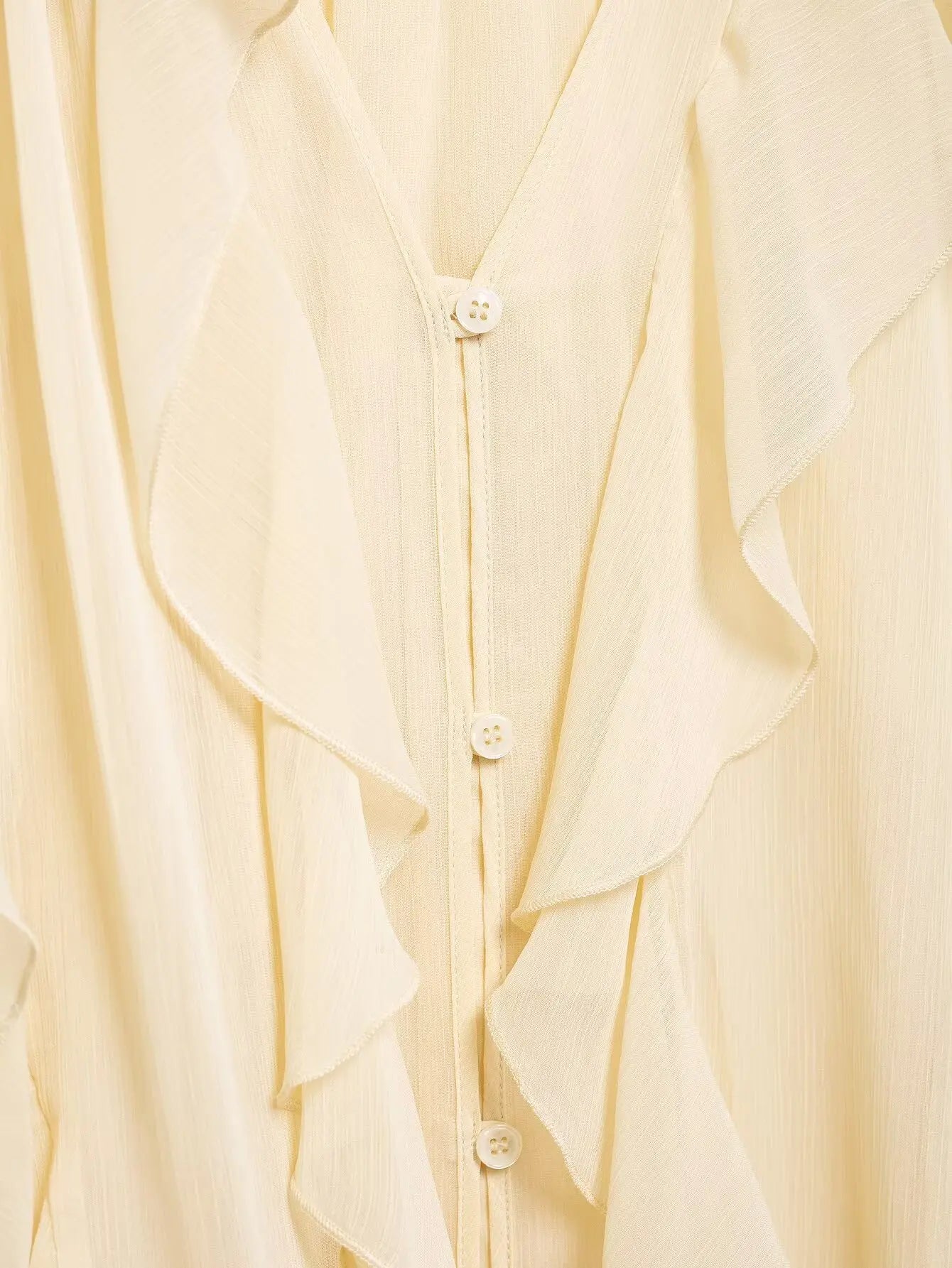 Semi-Sheer Ruffle V-Neck Blouse for Women Long Sleeve Button-Up Lightweight Spring Summer Top
