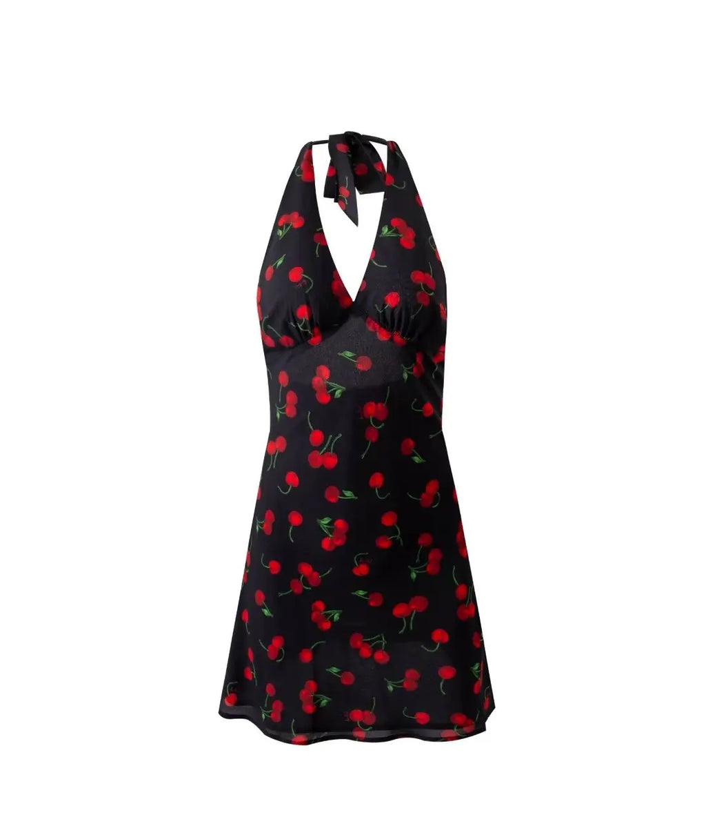 Cherry Print Backless Summer Floral Dress For Women