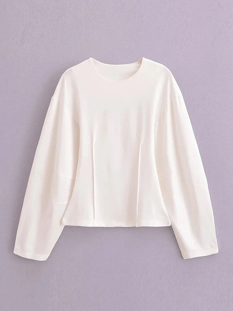 Women's Two Piece Crop Top and Wide Leg Trouser Set with Long Sleeve Round Neck Coat for Spring Streetwear