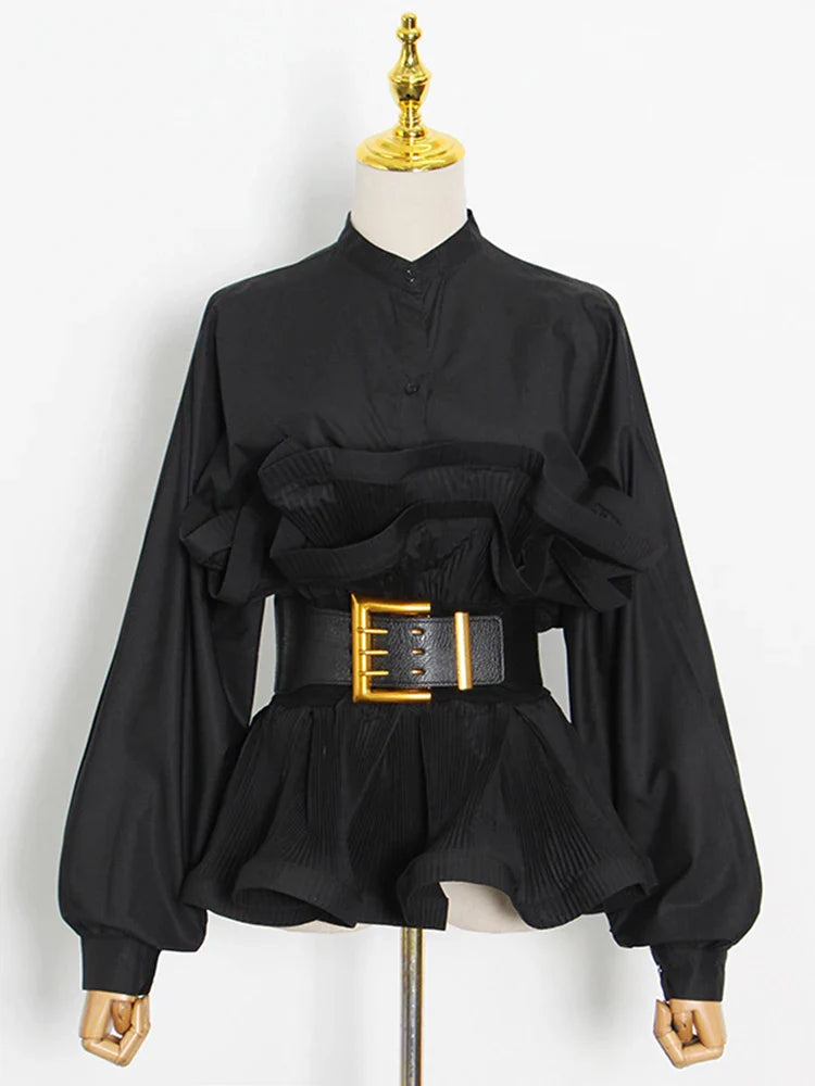 Solid Patchwork Belt Minimalist Women's Shirt Stand Collar Long Sleeve Tunic Spliced Ruffle Casual Blouse