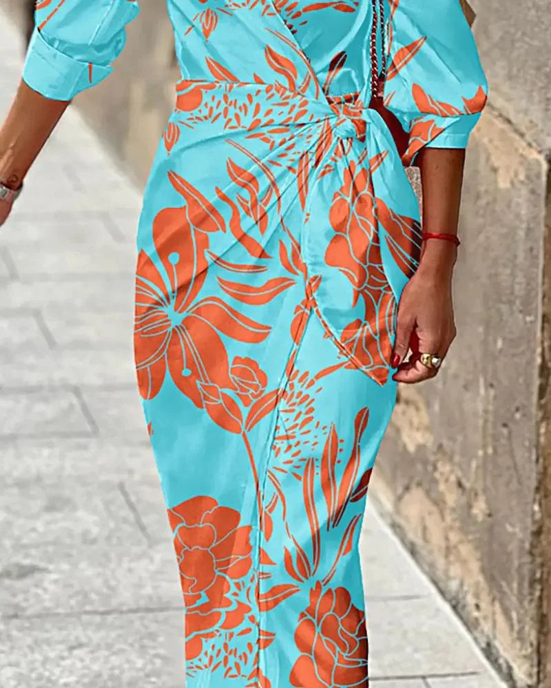 Printed Striped Shirt Collar Midi Dress For Women Everyday