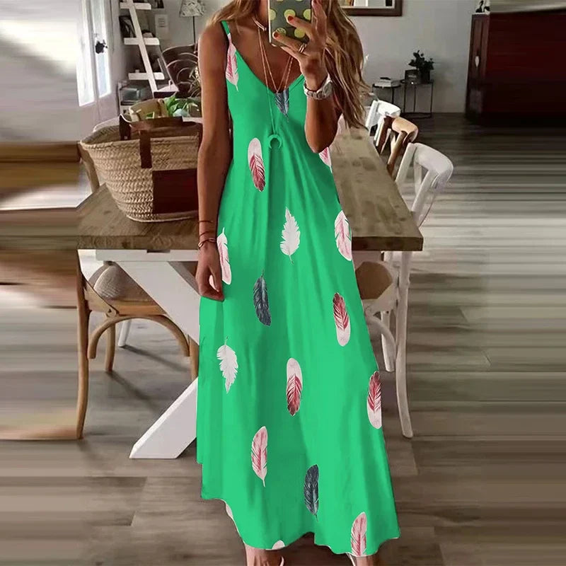 Feather Print Maxi Dress V Neck All Season Comfort Stretch