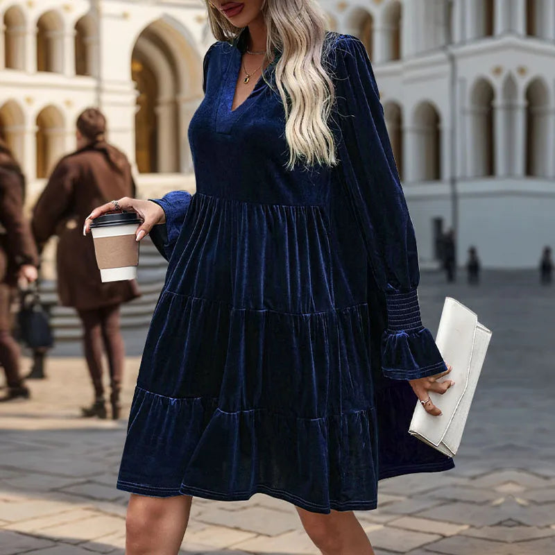 Velvet V Neck Ruffle Dress for Women Autumn Elegance