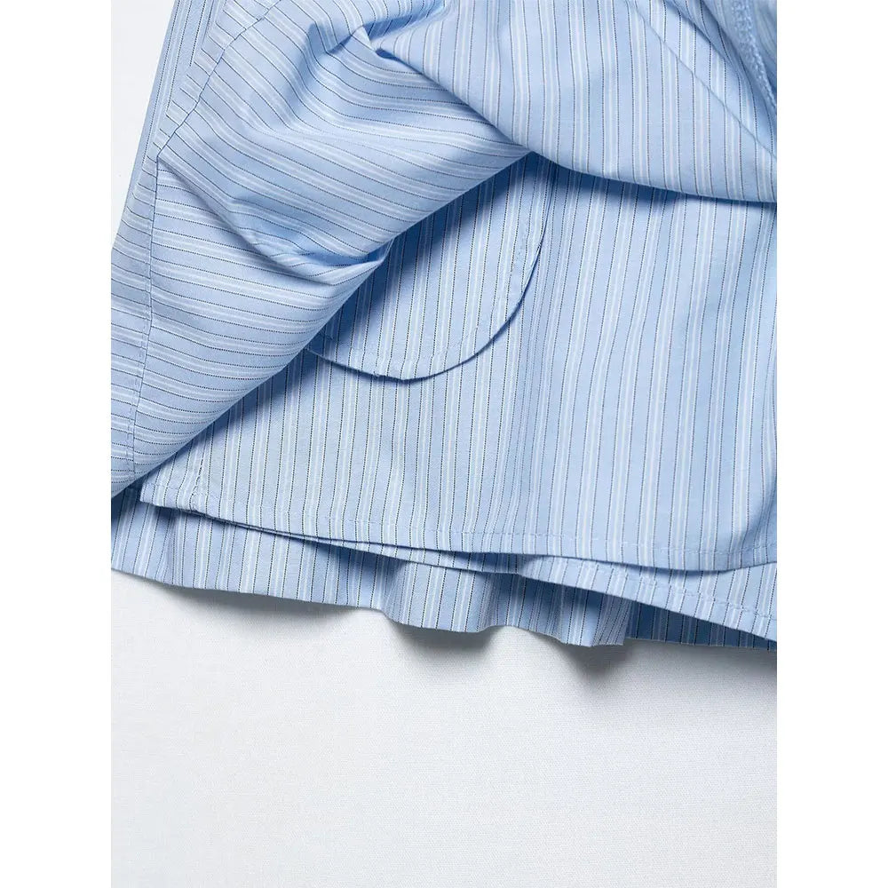 Women's Chic Two-Piece Blue Striped Long Sleeve Shirt and Front Zipper Mini Skirt Set