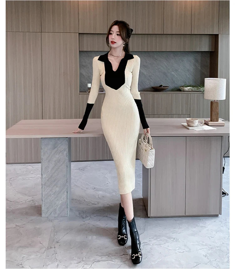 Korean Style Knit Dress Long Sleeve Color Block Lace