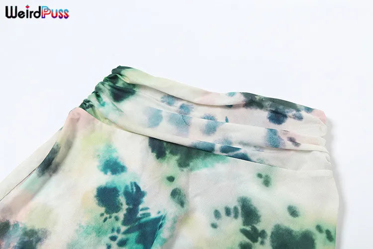 Backless Halter Bandage Tank Top and Mesh Ruffles Tie-Dye Skirt Two-Piece Summer Set for Women