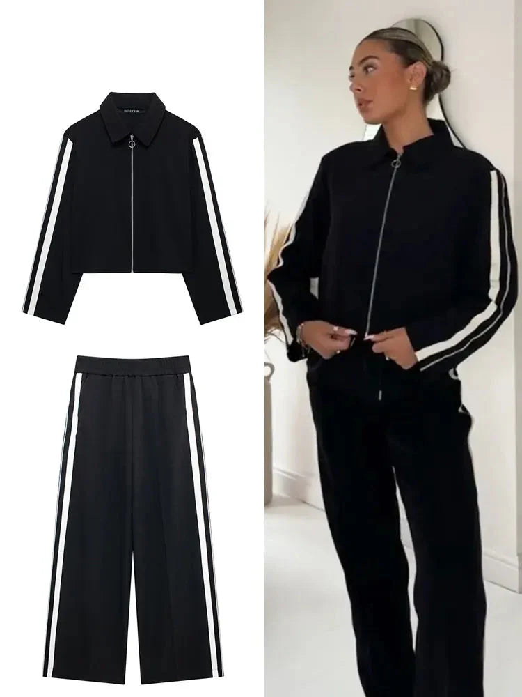 Women's Fashion Side Stripe Coat Pant Set with Long Sleeve Zipper Jacket and Elastic Waist Wide Leg Pants