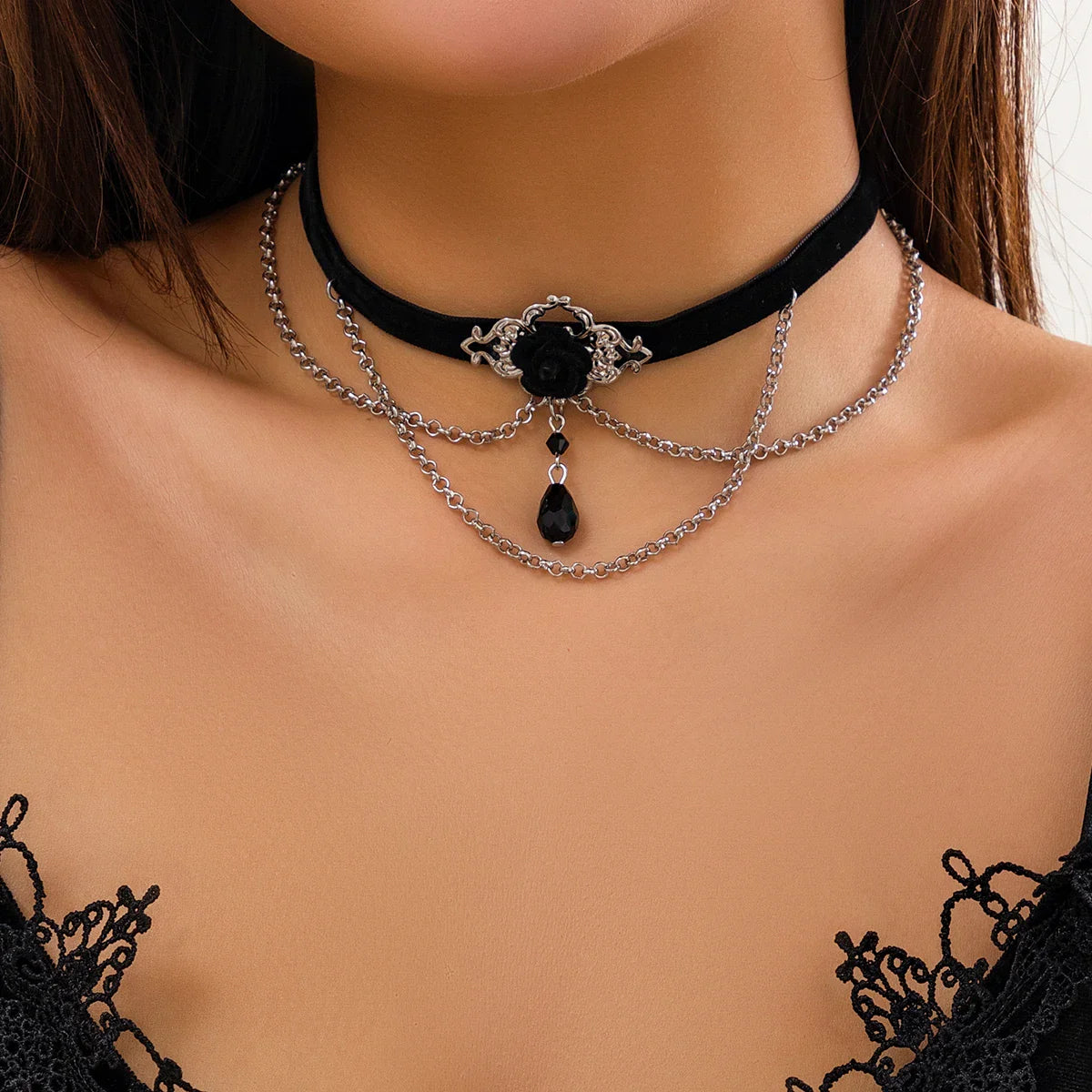 Punk Black Cotton Rope Choker Necklace with Link Chain Tassel and Crystal Beads for Women