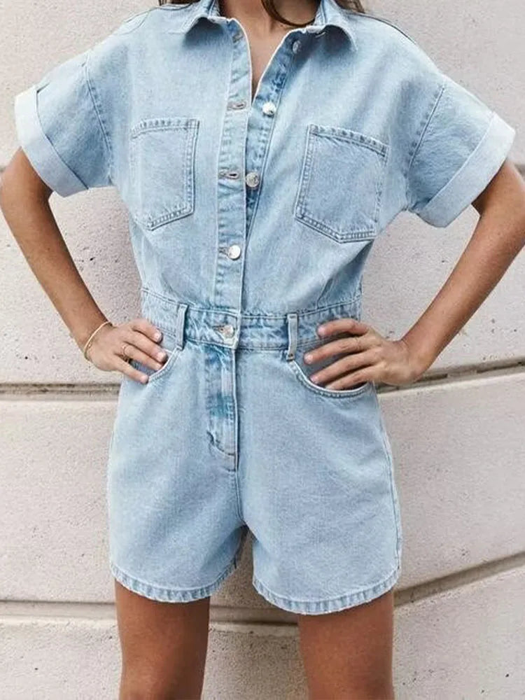 Women's Denim Short Jumpsuit Slim Fit with Lapel Collar Curled Short Sleeves and Patch Pockets Summer Casual Romper