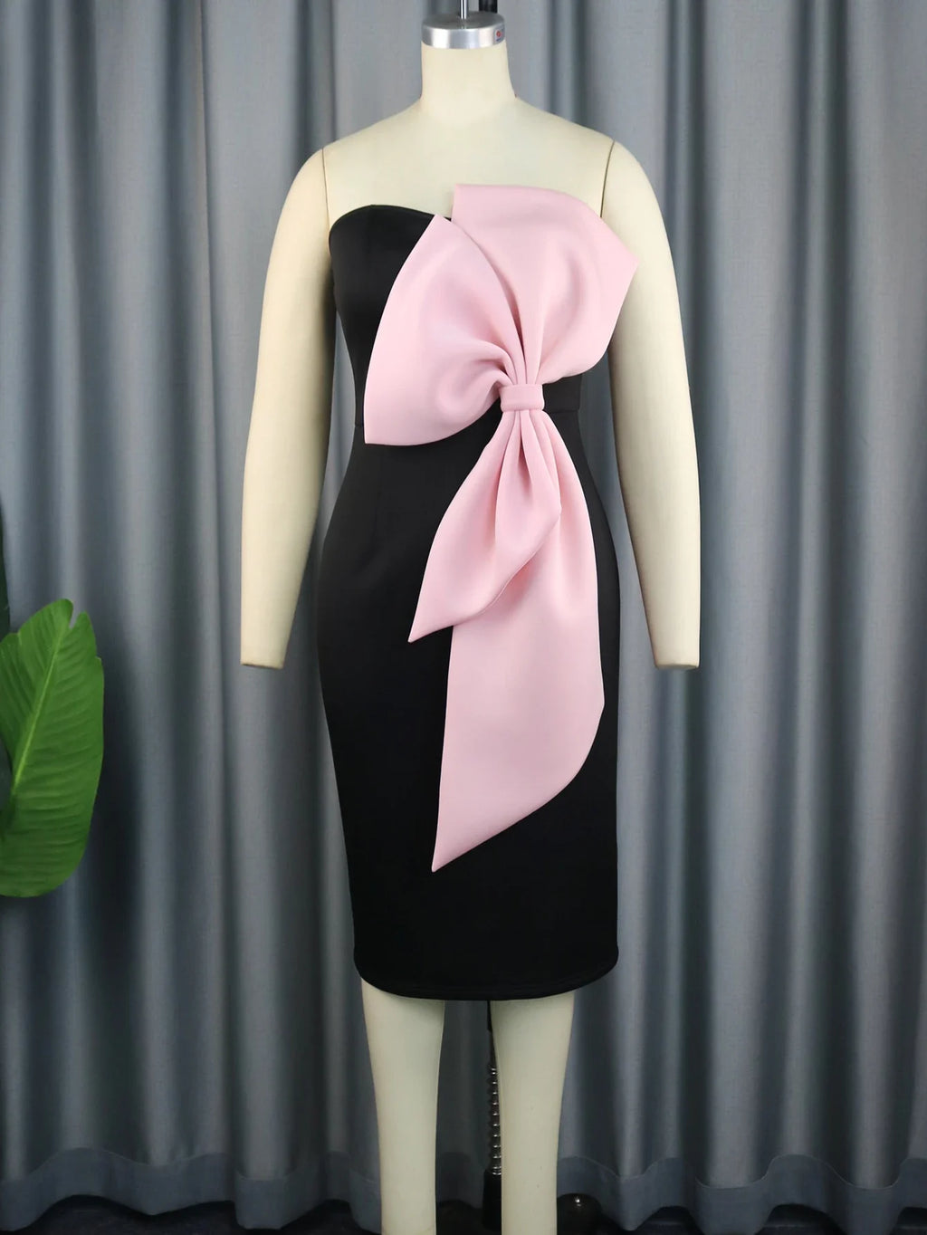 Bodycon Midi Party Dress Tube Top Black Pink Bow Patchwork