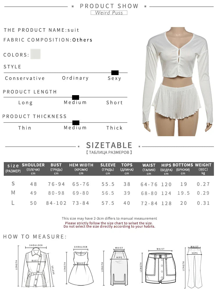 Casual Solid Two Piece Set for Women Long Sleeve Single Breasted Crop Top with Ruffled Thin Mini Shorts Autumn Trend Stylish Matching Outfit