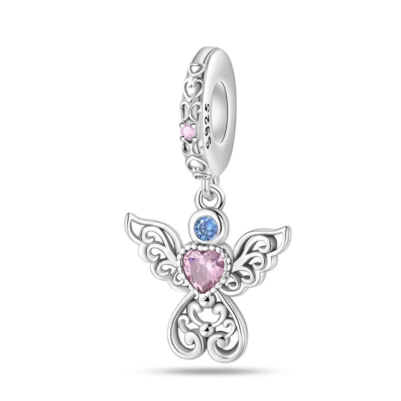 Silver Plated Lotus Guardian Angel Heart-Shaped Zircon Charms Beads for DIY Jewelry and 925 Bracelets