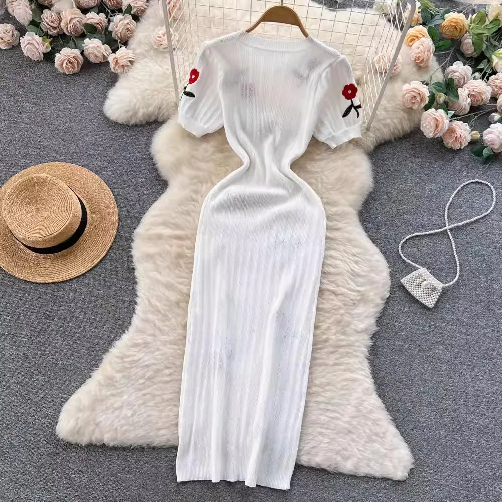 Elegant Summer Knitted Embroidered Bodycon Dress for Women