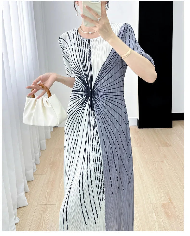 Women Pleated Dress Black White Print O Neck Short Sleeve