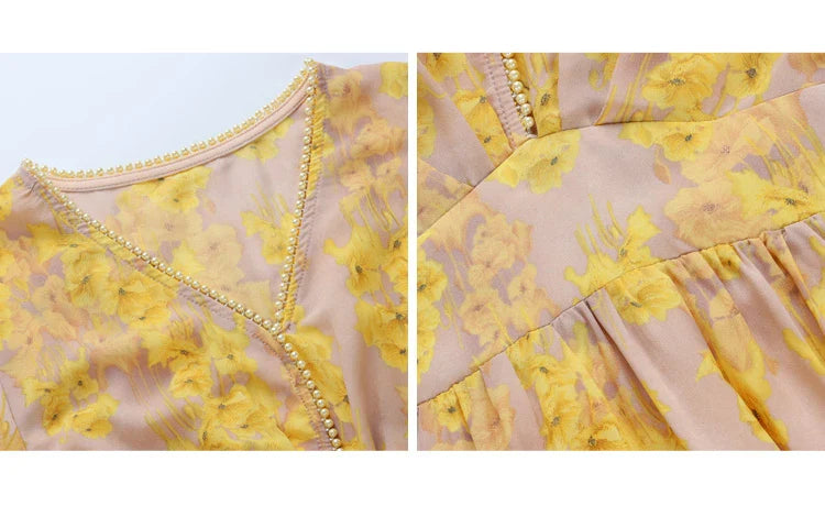 Floral Chiffon Dress For Women V Neck A Line Dress