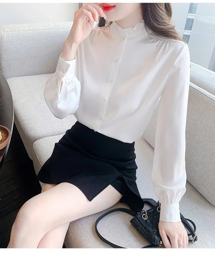 Women's Elegant Long Sleeve Chiffon Blouse with Stand Collar Lightweight White Shirt Top