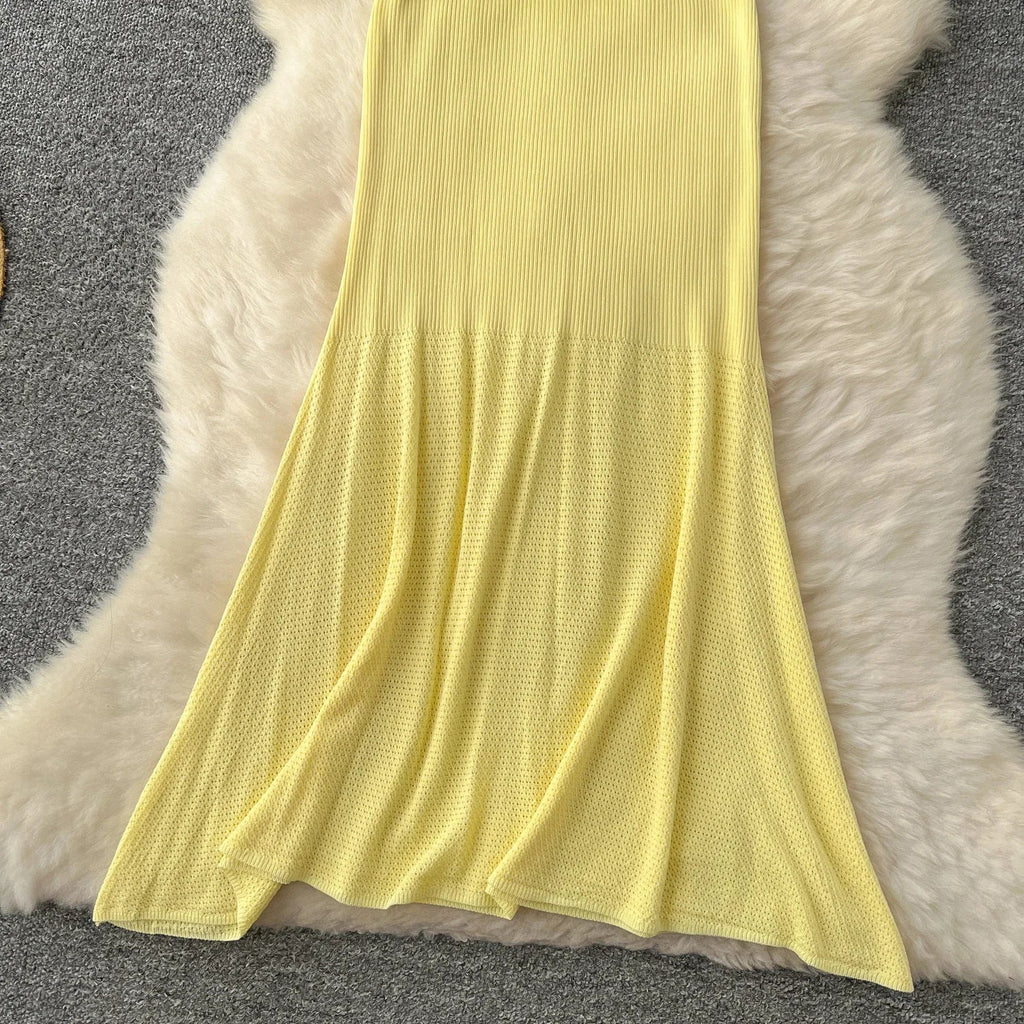 Hollow Out Knitted Dress Sleeveless O Neck A Line Midi