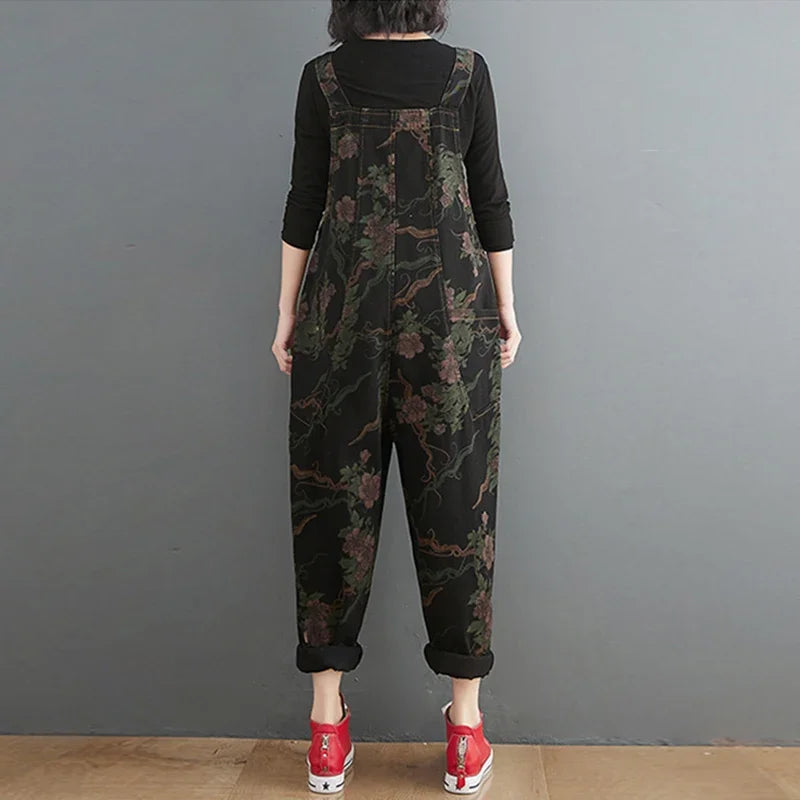 Vintage Floral Print Black Denim Women's Oversized Jumpsuit Loose Wide Leg Cargo Baggy Dungarees Streetwear Overalls Pants