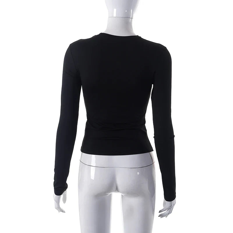 Women's Slim Fit Long Sleeve Solid Color T-Shirt for Spring and Autumn Casual Street Wear