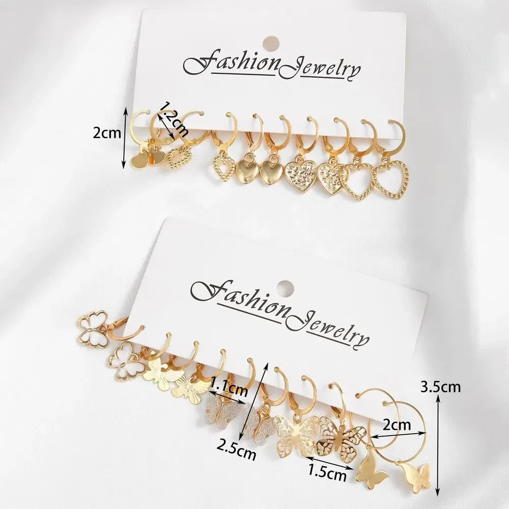10pcs Gold Color Butterfly Earrings Set for Women Fashion Jewelry Gifts