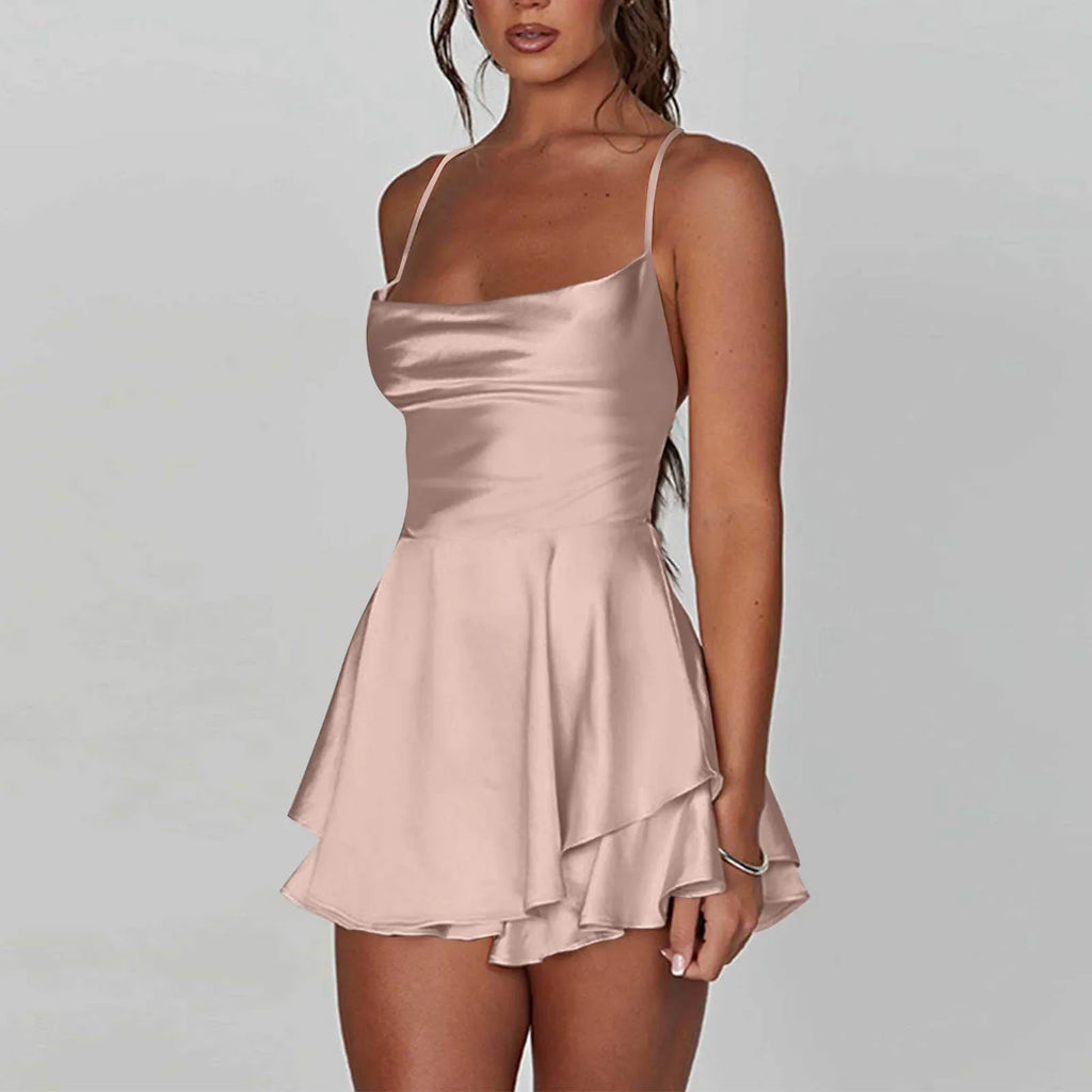 Backless Satin Party Dress With Cowl Neck Spaghetti Straps