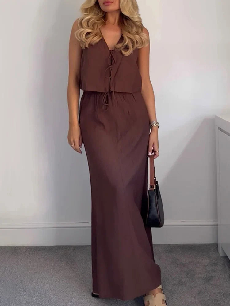 Summer Women's Elegant Solid Color Skirt Set Casual V-neck Bow Lace-Up Sleeveless Crop Vest Top with Loose Drawstring Midi Skirt