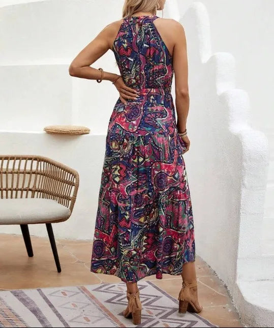 Bohemian Print Maxi Dress Halter Neck Zipper Closure