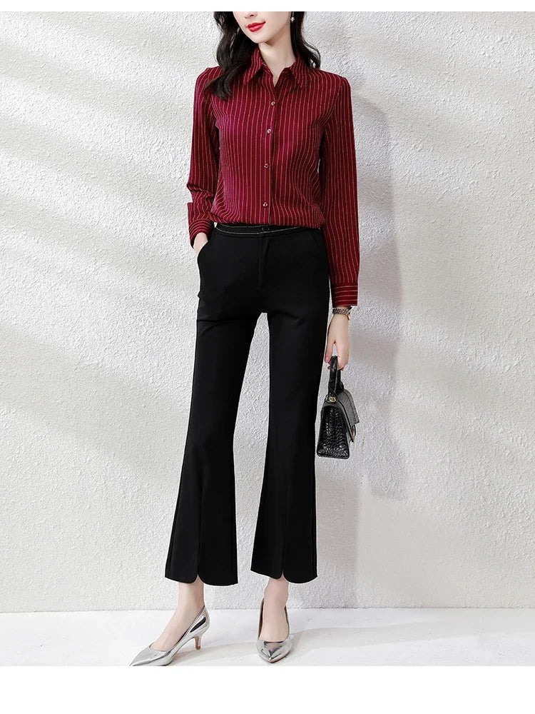 Striped Long Sleeve Women Shirt Button Up Blouse Lightweight Chiffon Tops Elegant Casual Office Wear