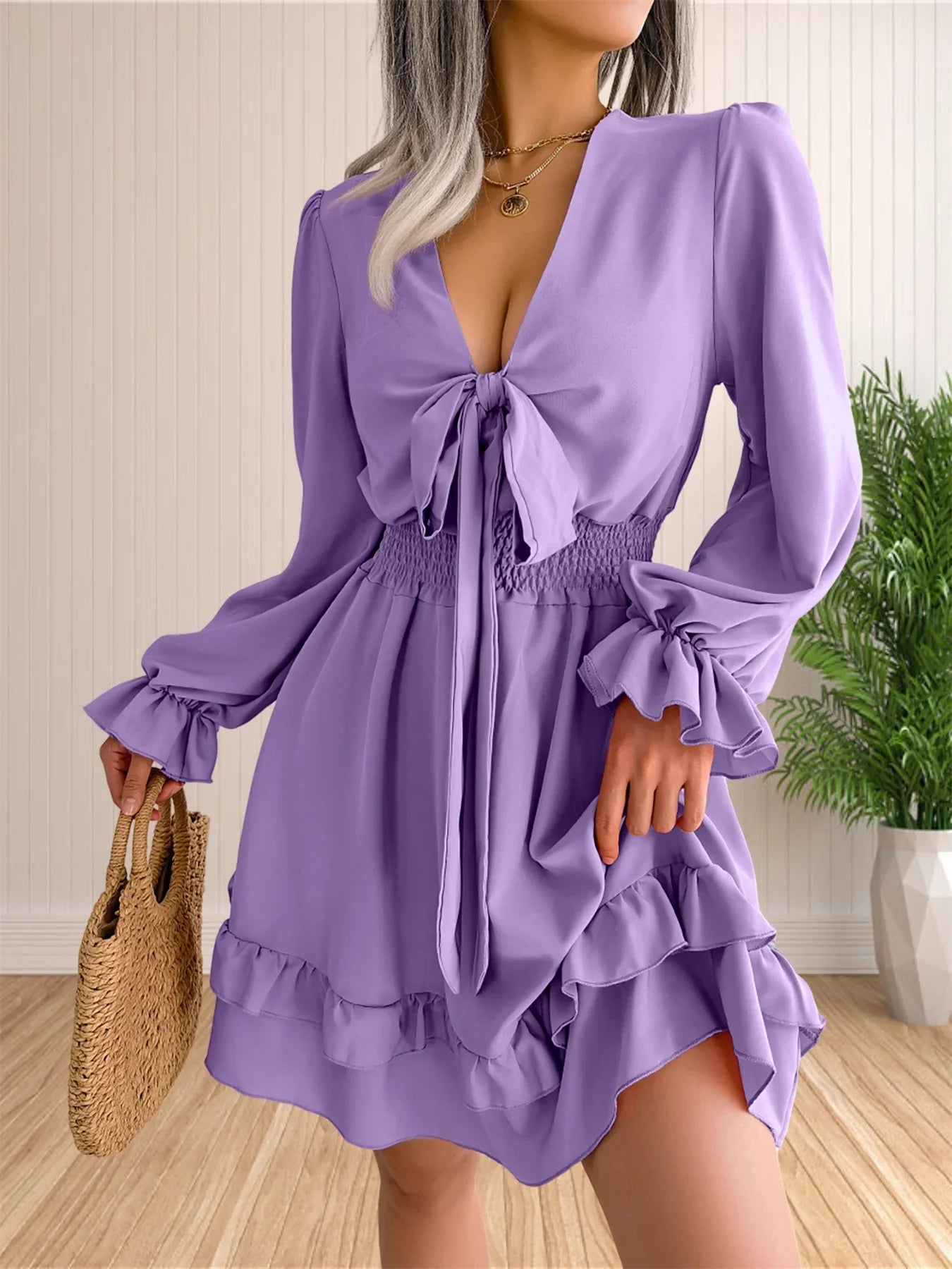 Womens V Neck Knot Front Smocked Waist Tiered Skater Dress