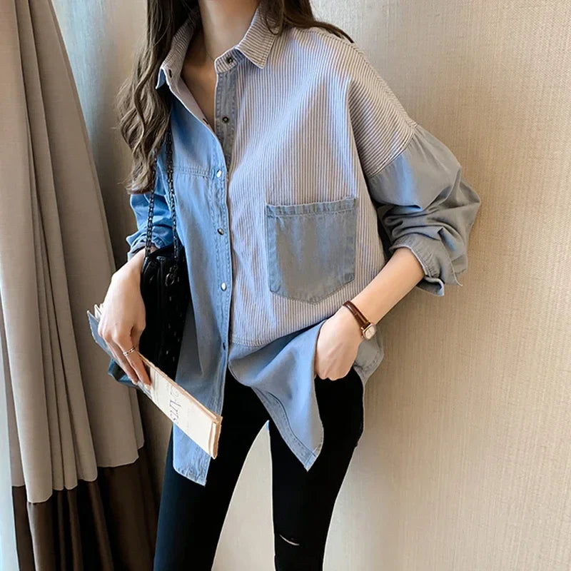 Loose Fit Women's Denim Shirt Long Sleeve Cotton Casual Button-Up Korean Style Autumn Winter Camisa Jeans Shirt