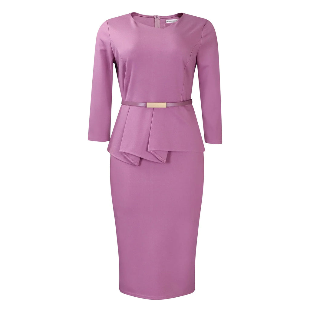 Women's Office Dress Sheath Belted Mid Calf Formal Wear