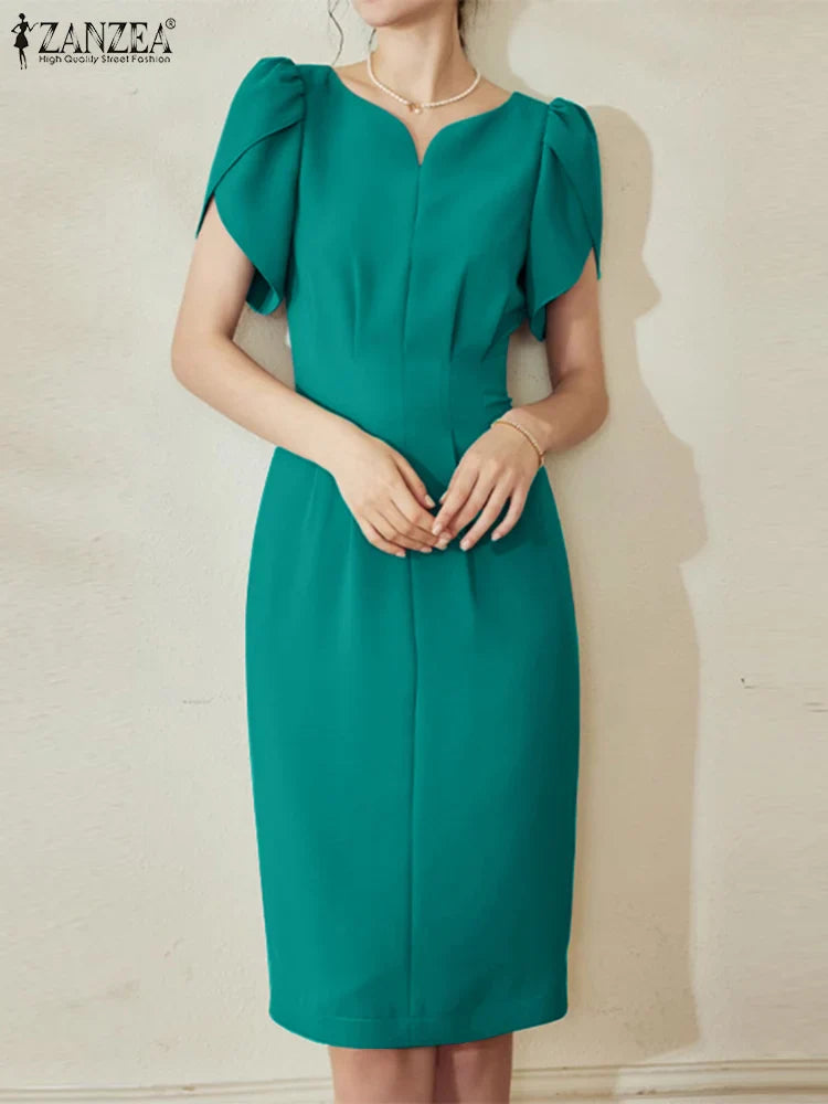 Solid Color Midi Dress With V Neck For Office Women