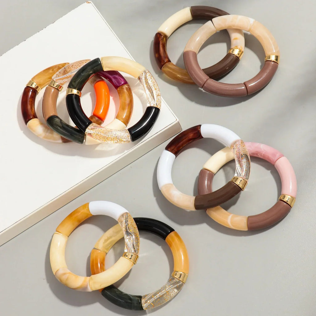 Boho Chunky Bamboo Stackable Bracelet for Women with Colorful Tube Beads and Elastic Design