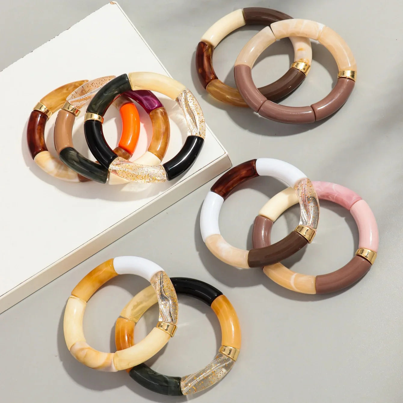 Boho Chunky Bamboo Stackable Bracelet for Women with Colorful Tube Beads and Elastic Design