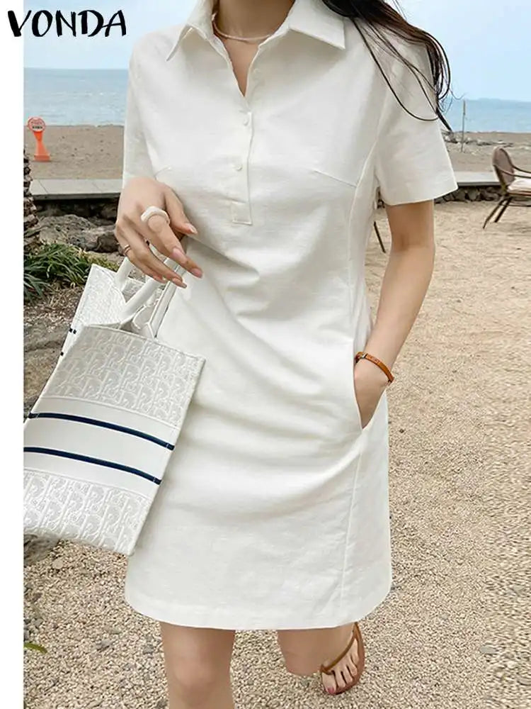 Summer Mini Dress Women Short Sleeve Solid Color Sundress